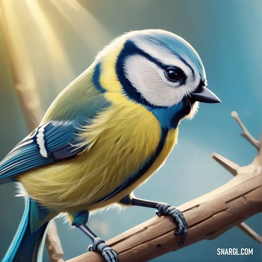 Blue and yellow Blue tit perched on a branch with sunbeams in the background