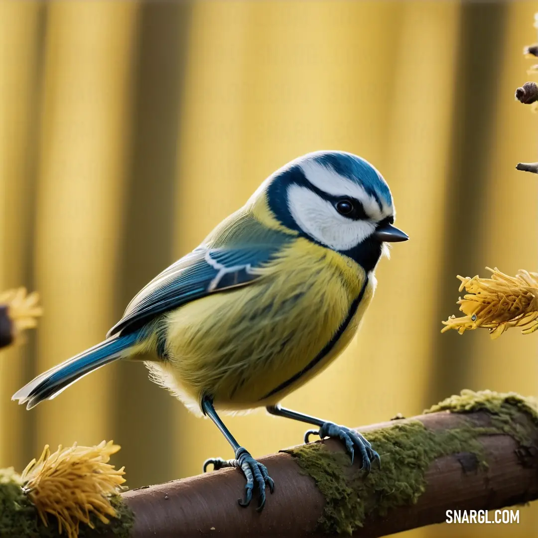 Blue and yellow Blue tit perched on a branch of a tree with moss growing on it's branches