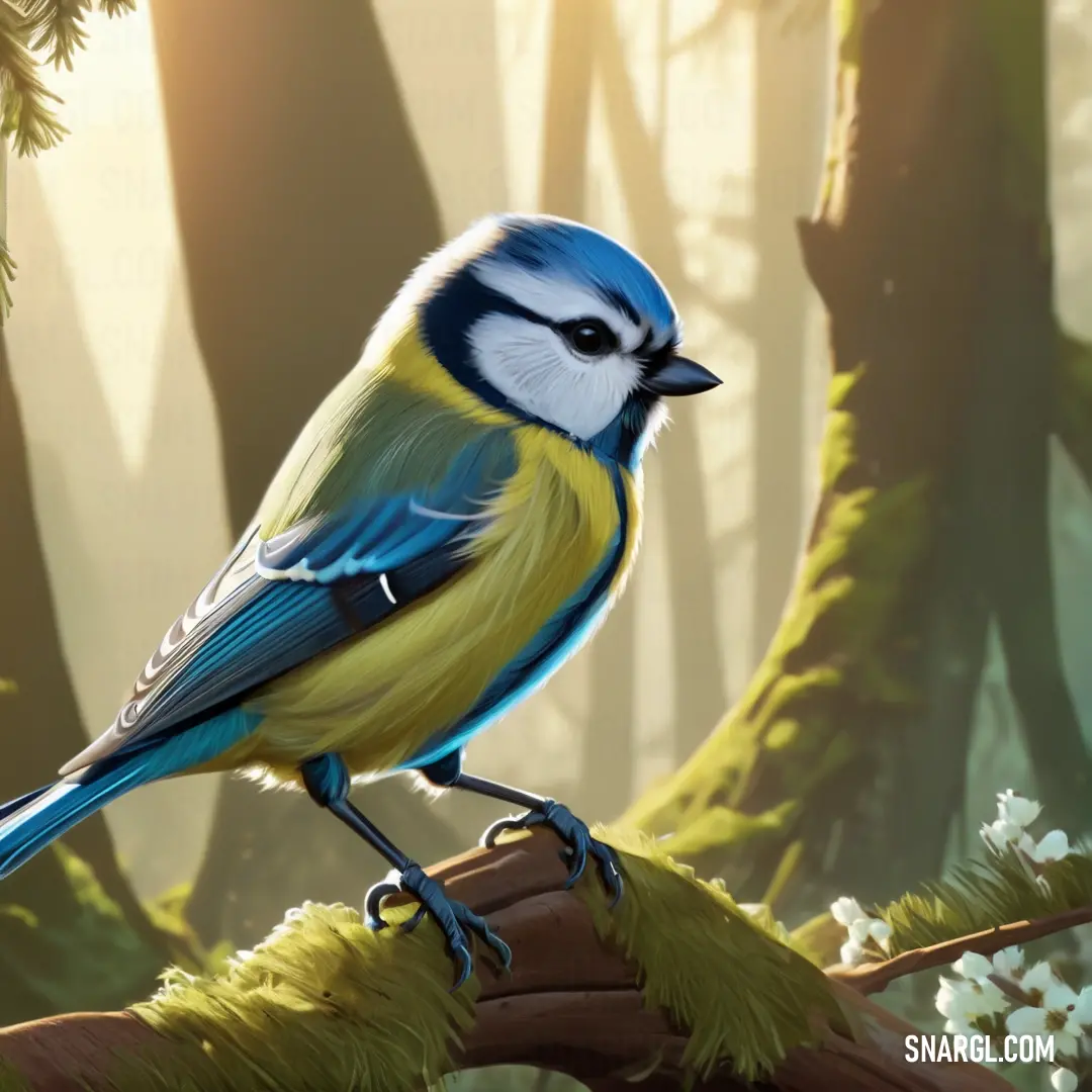Blue and yellow Blue tit on a branch in a forest with white flowers and trees in the background