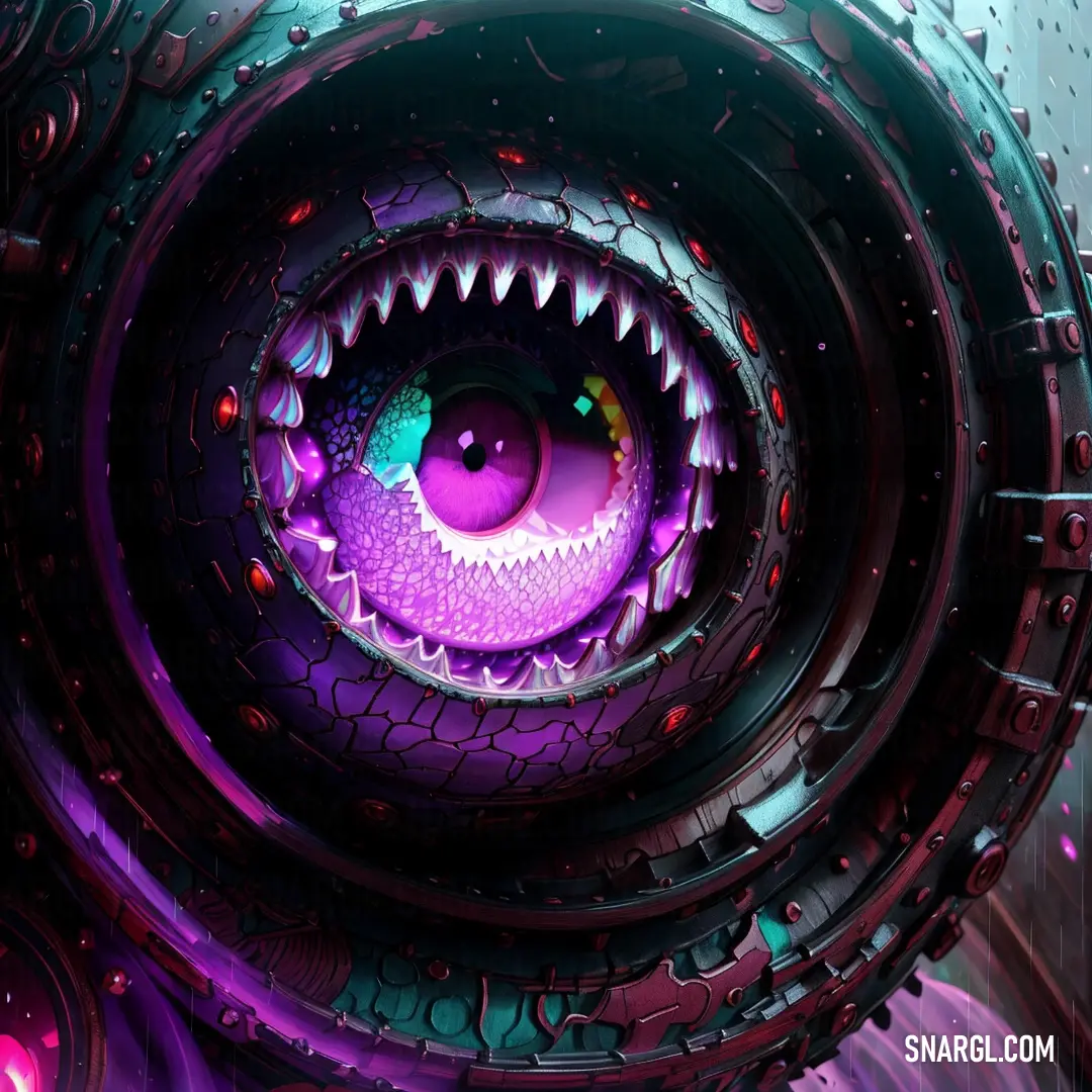 Close up of a purple and green object with a large eyeball in the center of it's center