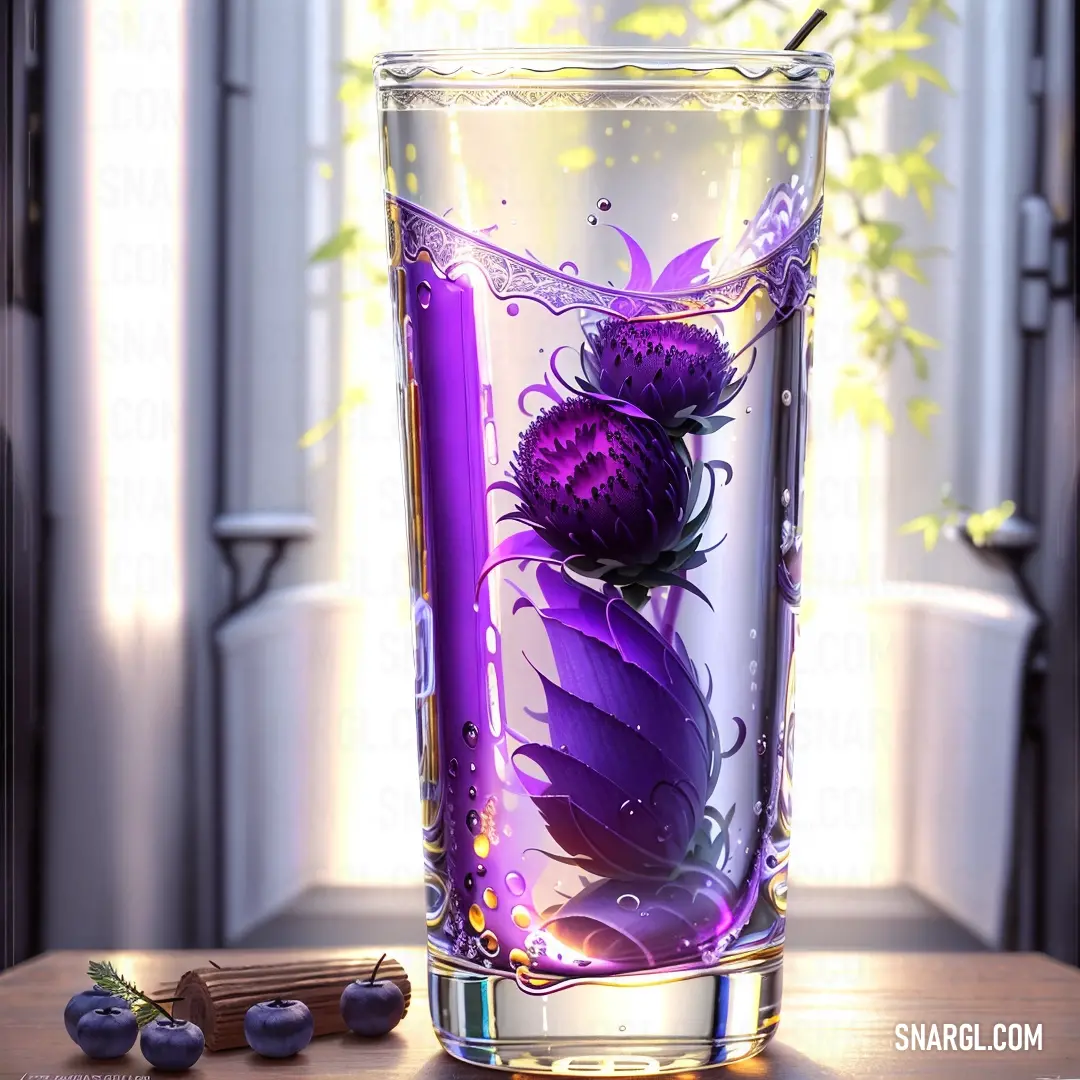 Glass with a purple flower inside of it on a table next to a window