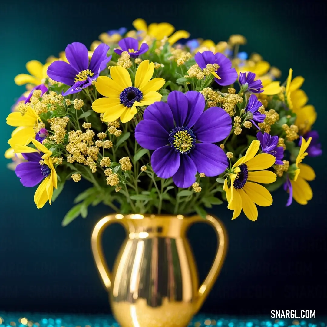 Gold vase filled with purple and yellow flowers on a table top with a blue background