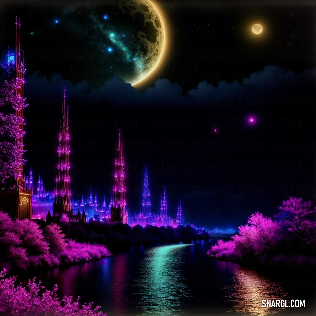 Painting of a castle and a moon in the sky with a river running through it and a bright purple glow