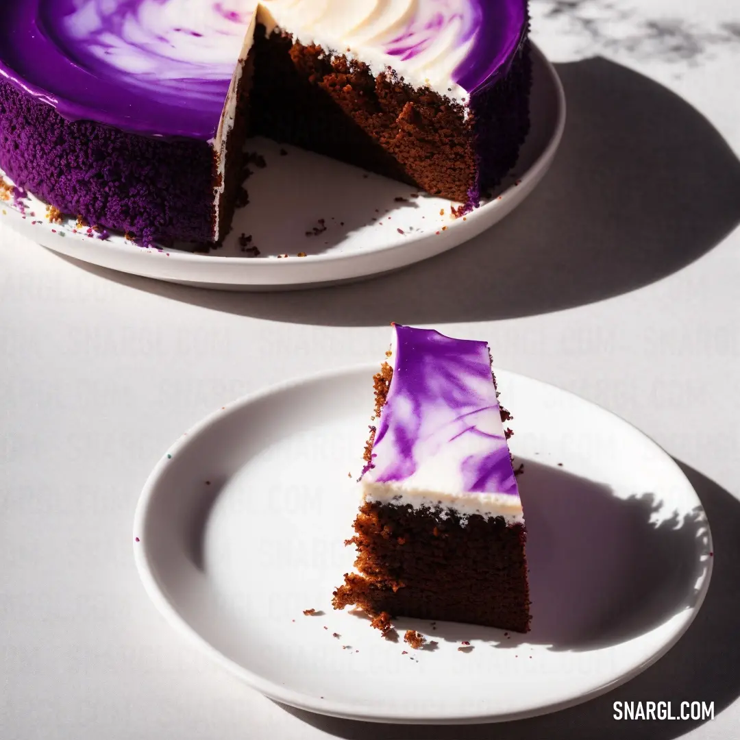 Plate with some cake on it and a bowl of soup in the background. Example of Blue violet color.