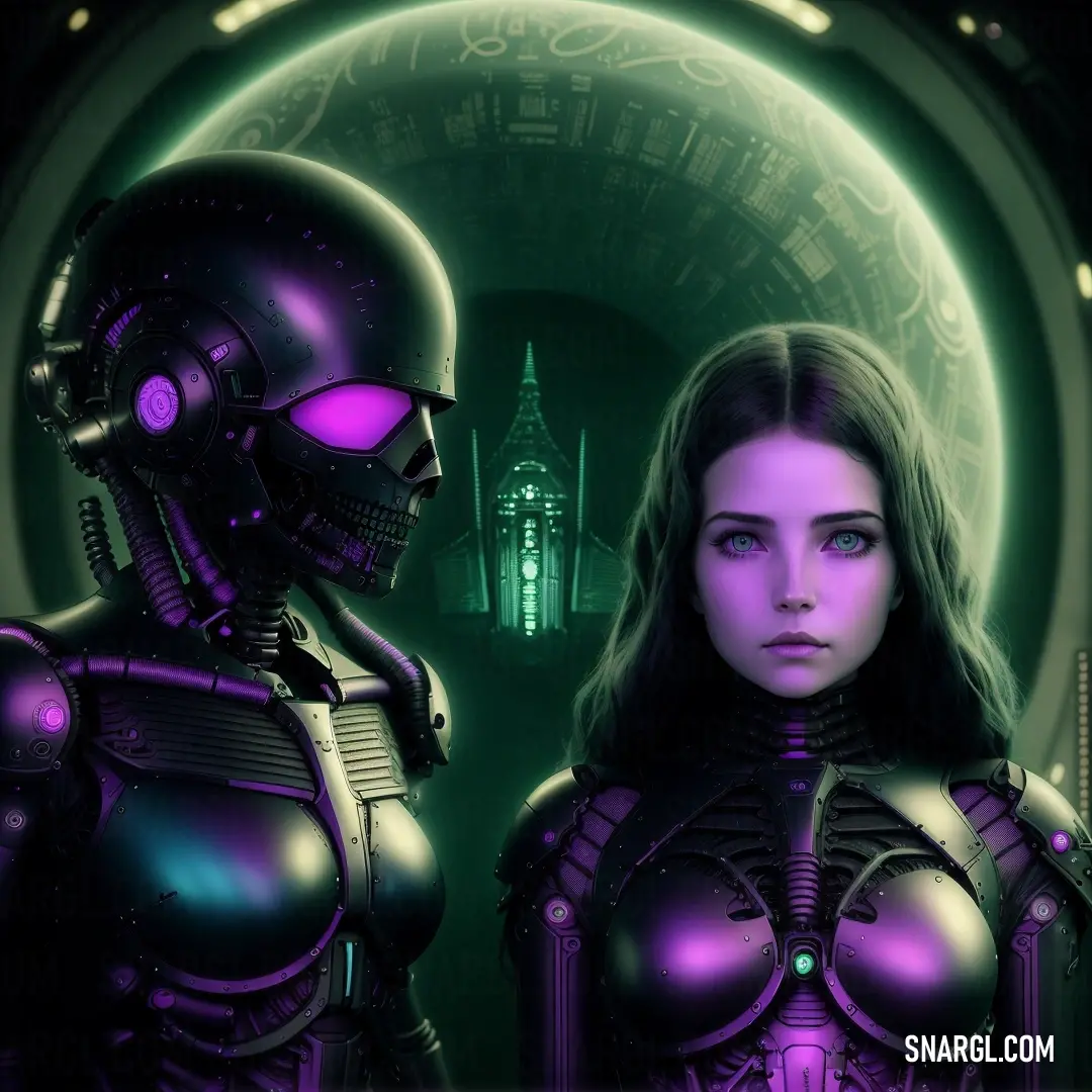 Woman in a futuristic suit and a robot in a green background. Example of CMYK 39,81,0,11 color.