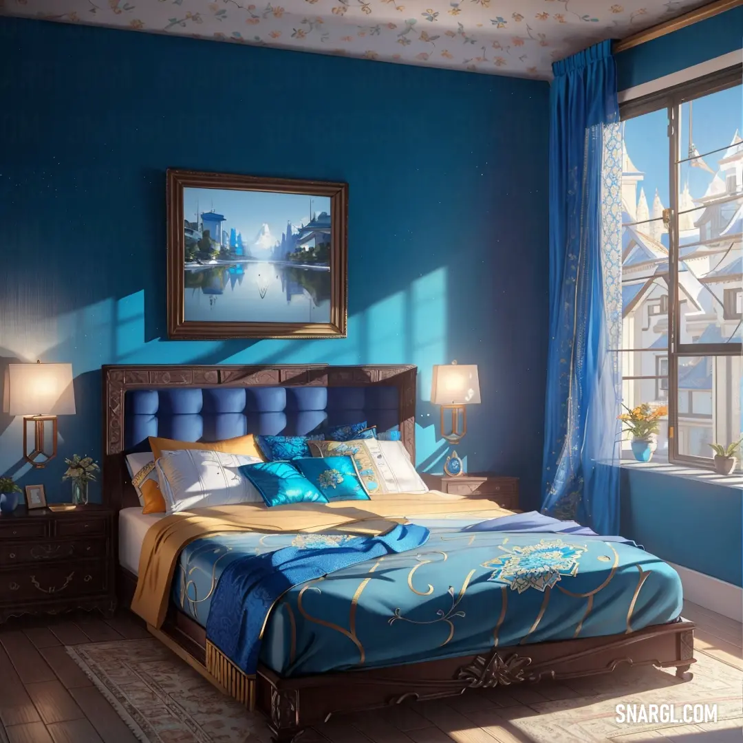 Bedroom with a blue wall and a large bed with blue sheets and pillows