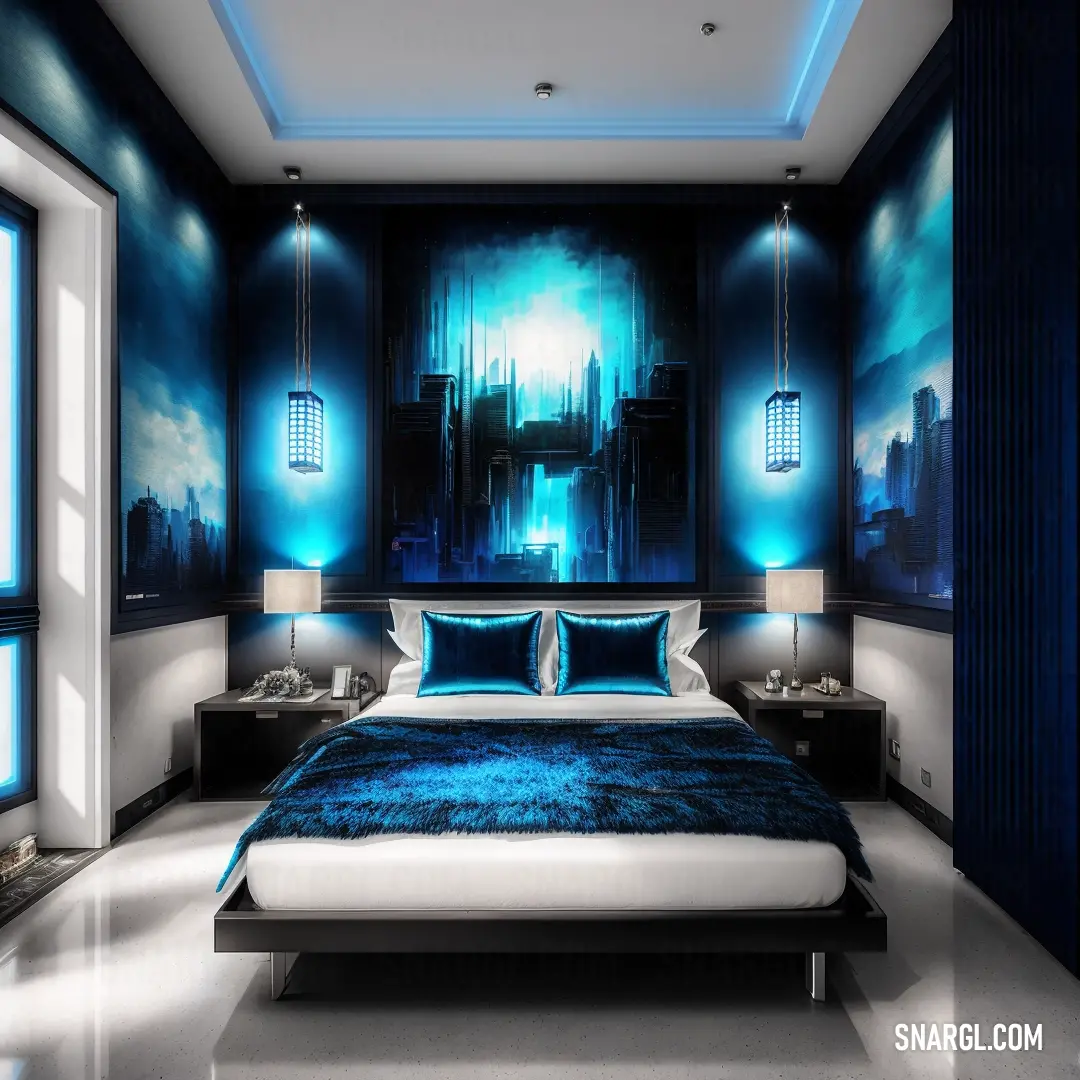 Bedroom with a large bed and a painting on the wall behind it that is blue and white with a city skyline