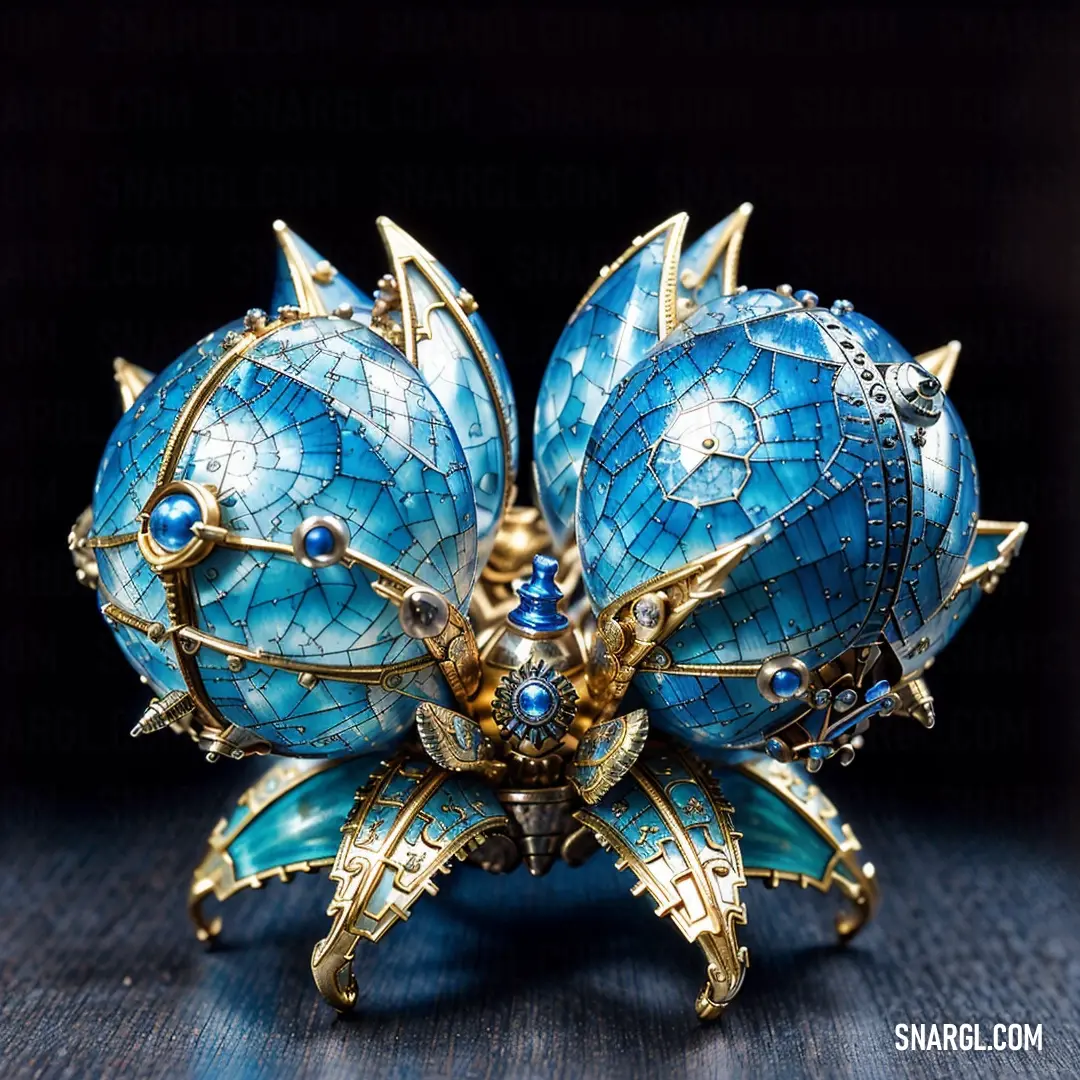 Blue and gold brooch with a butterfly on it's back end and a diamond encrusted center piece