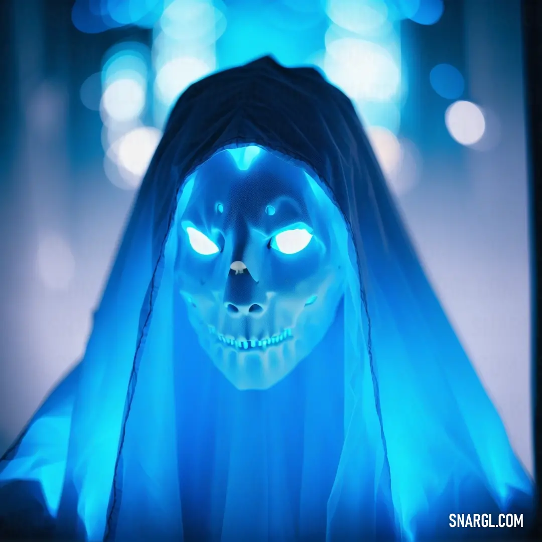 Creepy skeleton with glowing eyes and a veil on its head is glowing blue in the dark with a light on its face