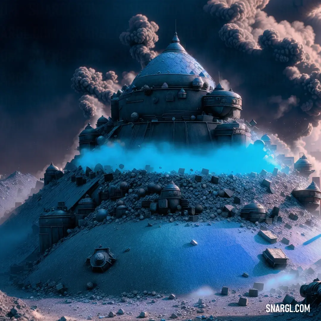 Futuristic city with a huge blue smoke cloud in the sky above it and a mountain of rocks below