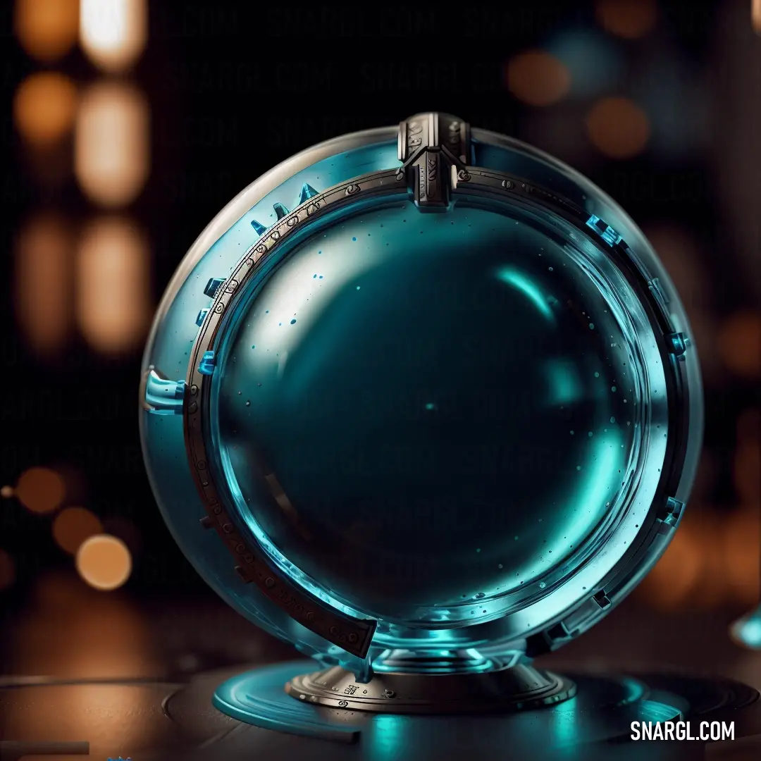 Glass globe with a blue glow on it's surface and a black background with lights in the background