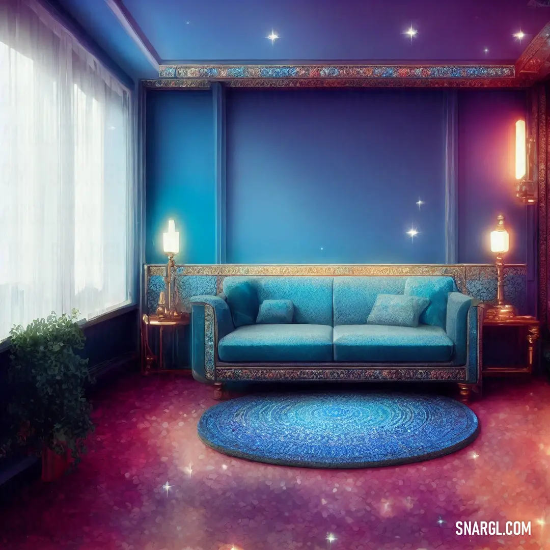 Living room with a blue couch and a rug on the floor and a window with stars on it