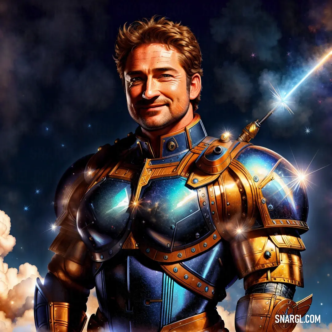Man in a suit of armor with a sword in his hand and a sky background with clouds and stars