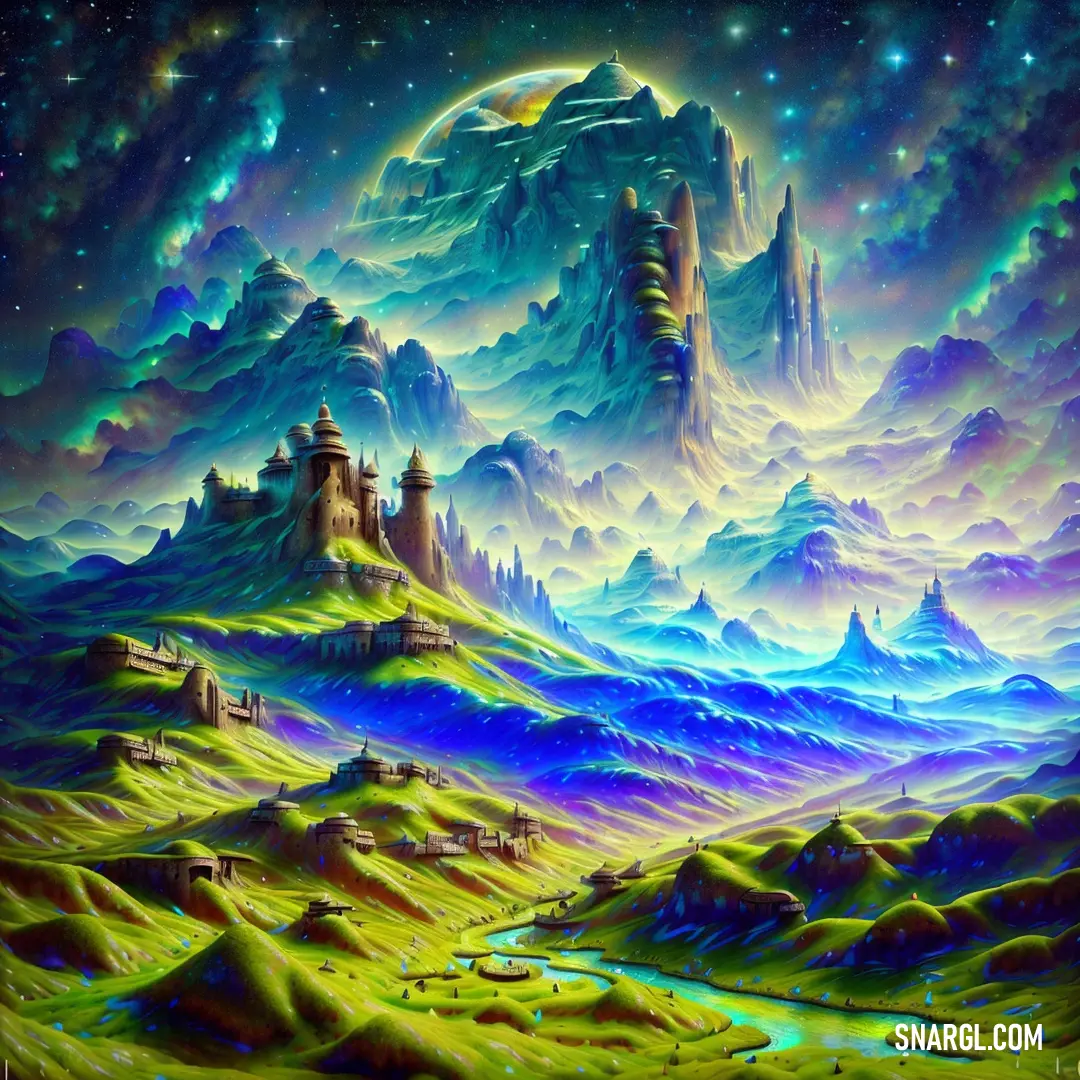 Painting of a fantasy landscape with mountains and stars in the sky and a castle on a hill with a river running through it