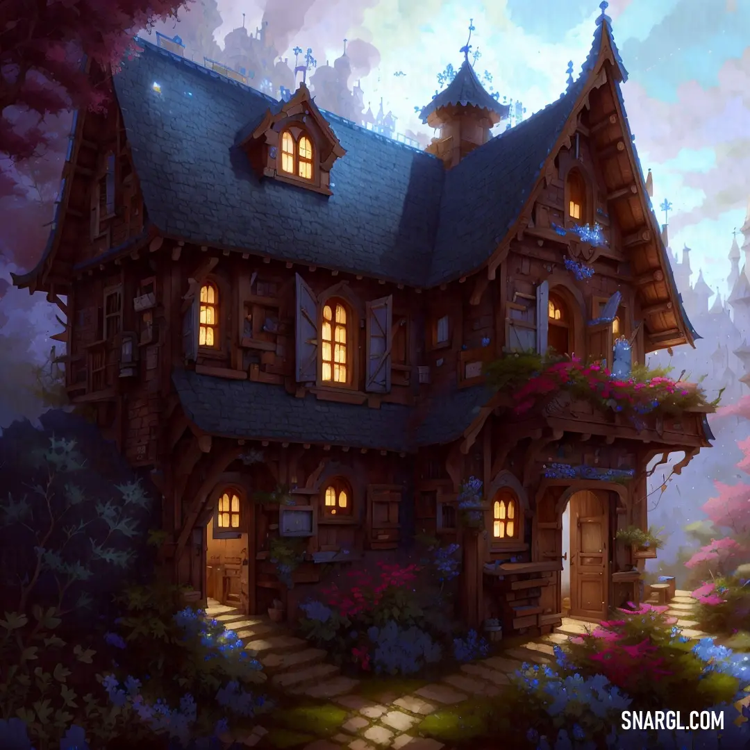Painting of a house with a lot of windows and a lot of flowers on the ground and trees