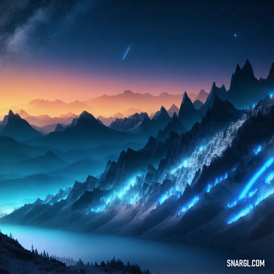 Painting of a mountain range with a lake and stars in the sky at night time with a bright glow
