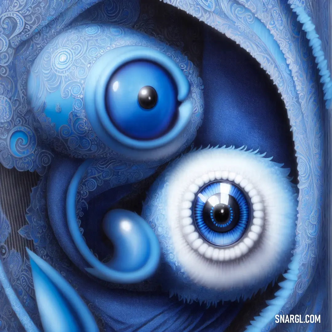 Painting of an eyeball in a blue background with swirls and bubbles on it's surface