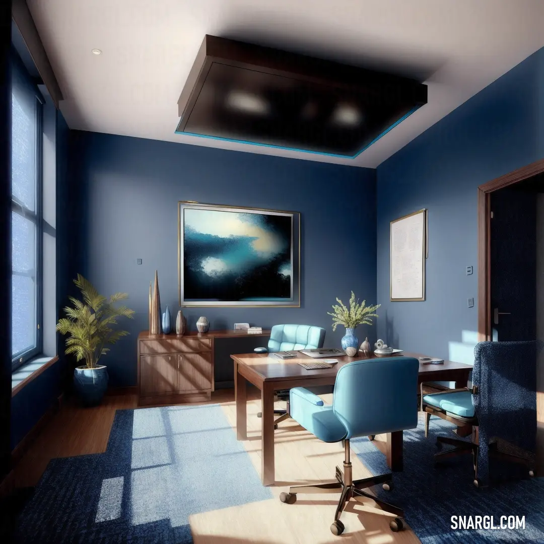 Room with a blue wall and a painting on the wall and a blue chair and table in the middle