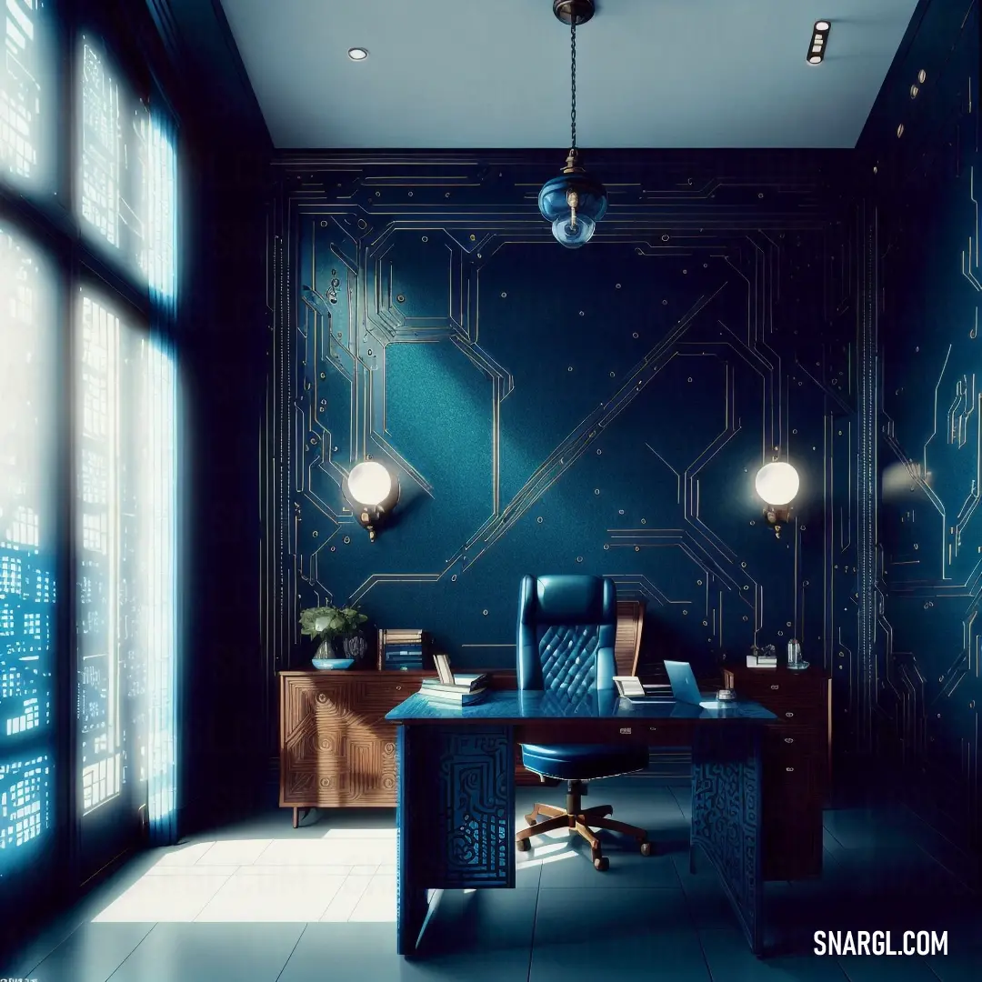 Room with a desk and a chair in it with a computer circuit board wallpaper on the wall