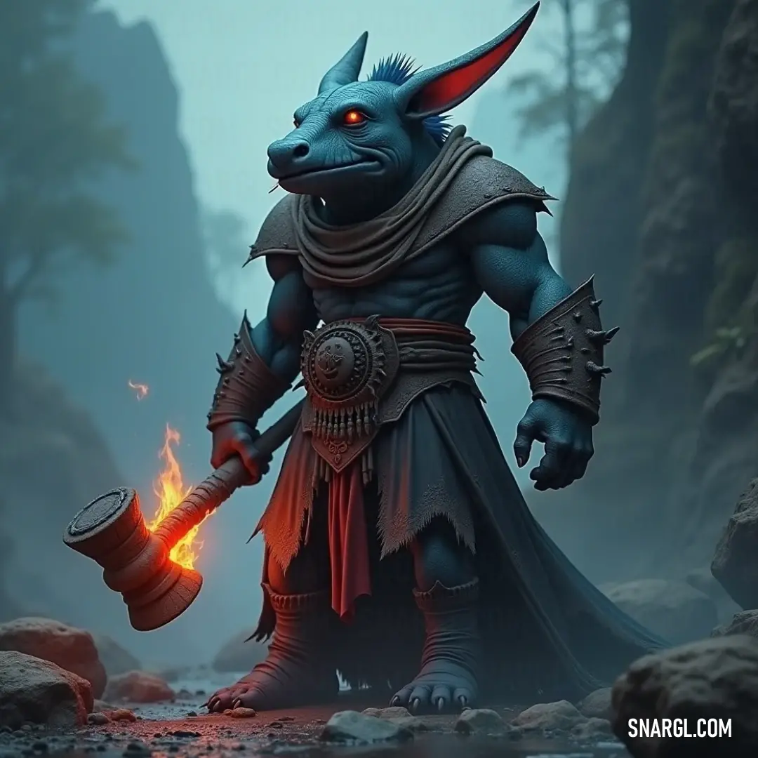 A magical Bluecap creature showcasing allure with a flame, exuding energy and wonder in a fantastical landscape. A lively Bluecap, adorned with striking blue features and prominent horns, holds a blazing red flame aloft, casting an enchanting glow. Surrounded by the mystique of a dreamlike environment, this delightful figure invites curiosity with its vibrant charm