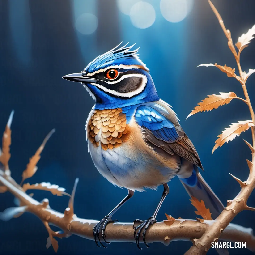 A bluethroat perches delicately on a branch, its bright blue plumage standing out against the surrounding green leaves, creating a striking contrast.