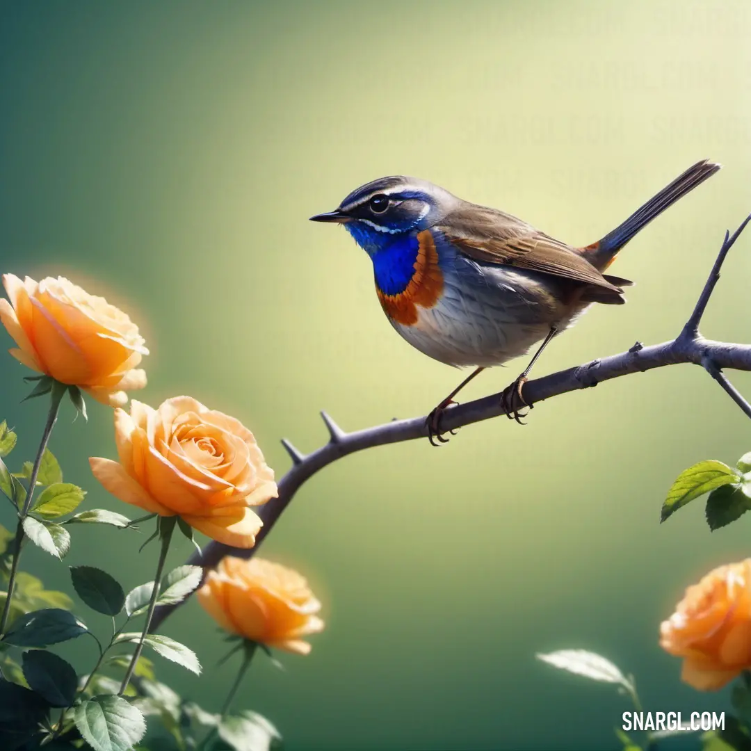 A Bluethroat perched on a branch, with orange flowers in the background adding a splash of color to the scene.