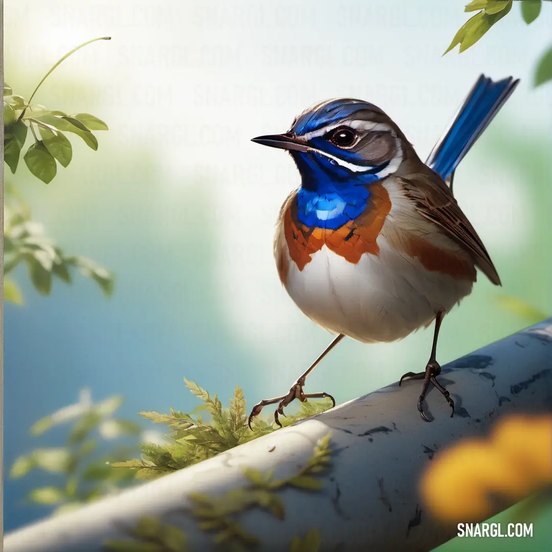A Bluethroat perched on a branch, its blue and orange breast vivid against a backdrop of leaves surrounding its neck and head.