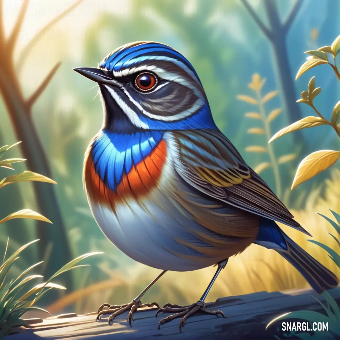 A Bluethroat with a striking blue, orange, and black breast standing on a log, surrounded by grass and flowers in a serene forest setting.