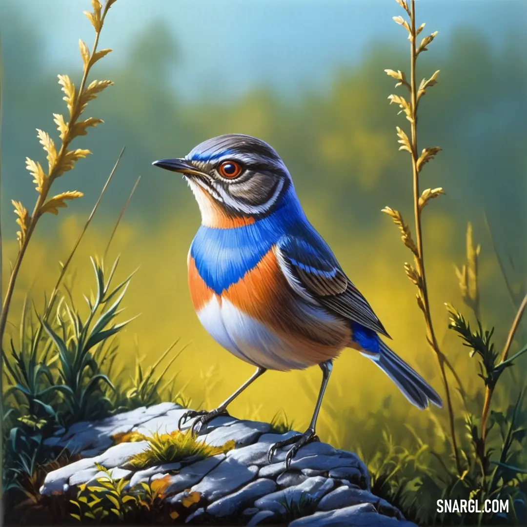 A painted Bluethroat sitting on a rock in a field of grass and wildflowers, with a bright blue sky stretching above.
