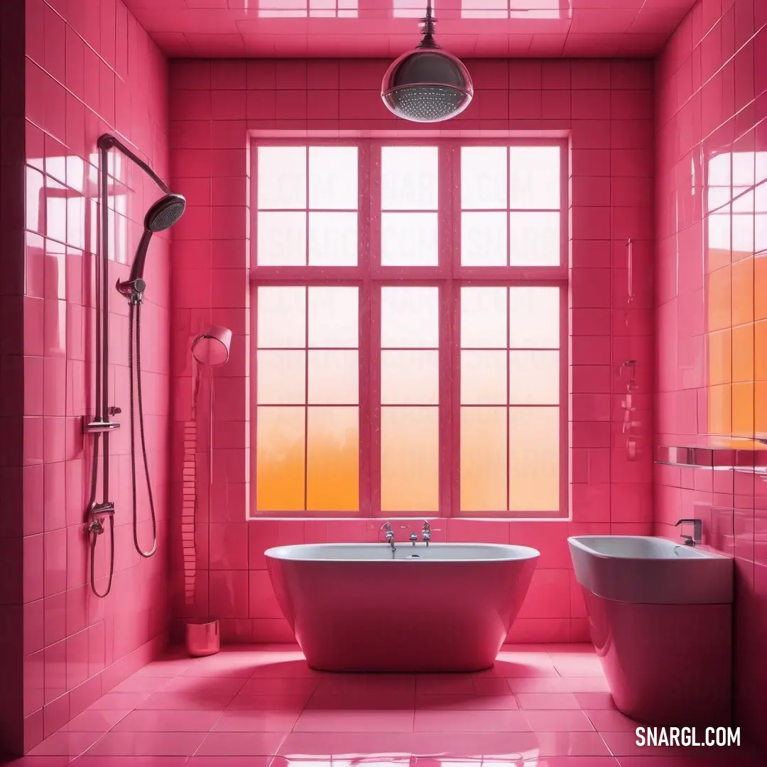 Bathroom with a pink tub and a window with a sunset view in the window. Color #DE5D83.