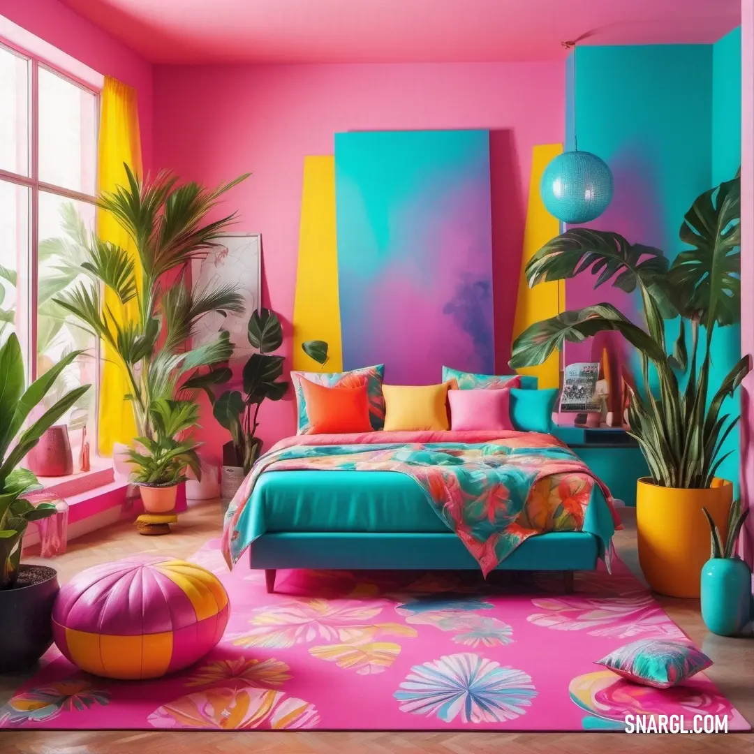 Bedroom with a bed, plants and a large window in it's center area. Color CMYK 0,58,41,13.