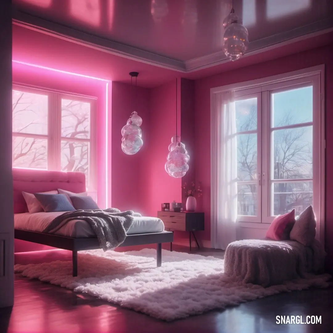 Bedroom with a pink wall and a white rug on the floor and a bed. Example of RGB 222,93,131 color.