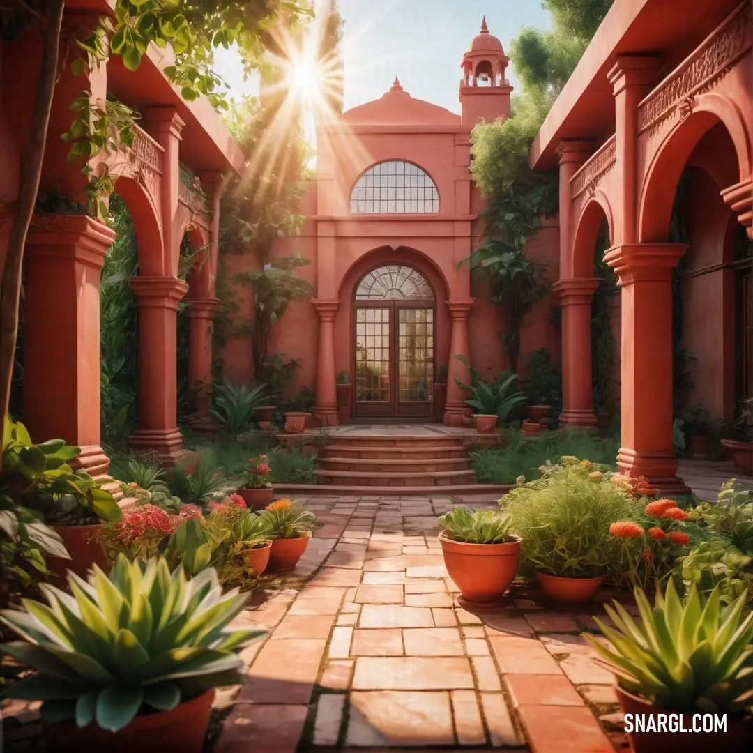 A charming courtyard with a towering clock tower as its centerpiece, surrounded by an abundance of plants and colorful flowers. The vibrant colors of the flowers contrast beautifully with the earthy tones of the clock tower, creating a lively and inviting