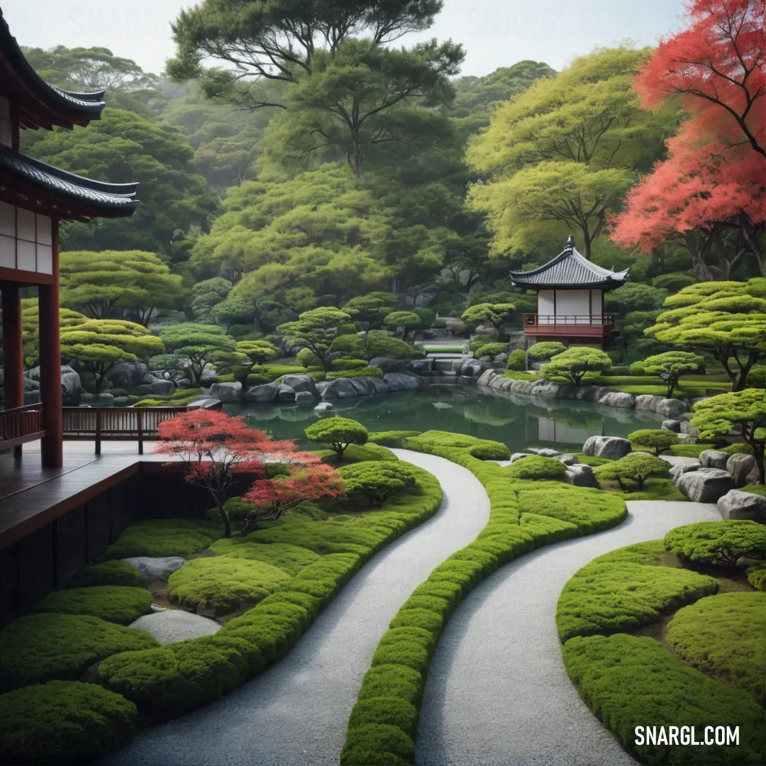 A serene garden path leading to a beautiful pagoda, surrounded by lush greenery and a tranquil pond, offering a peaceful retreat from the hustle and bustle of daily life.