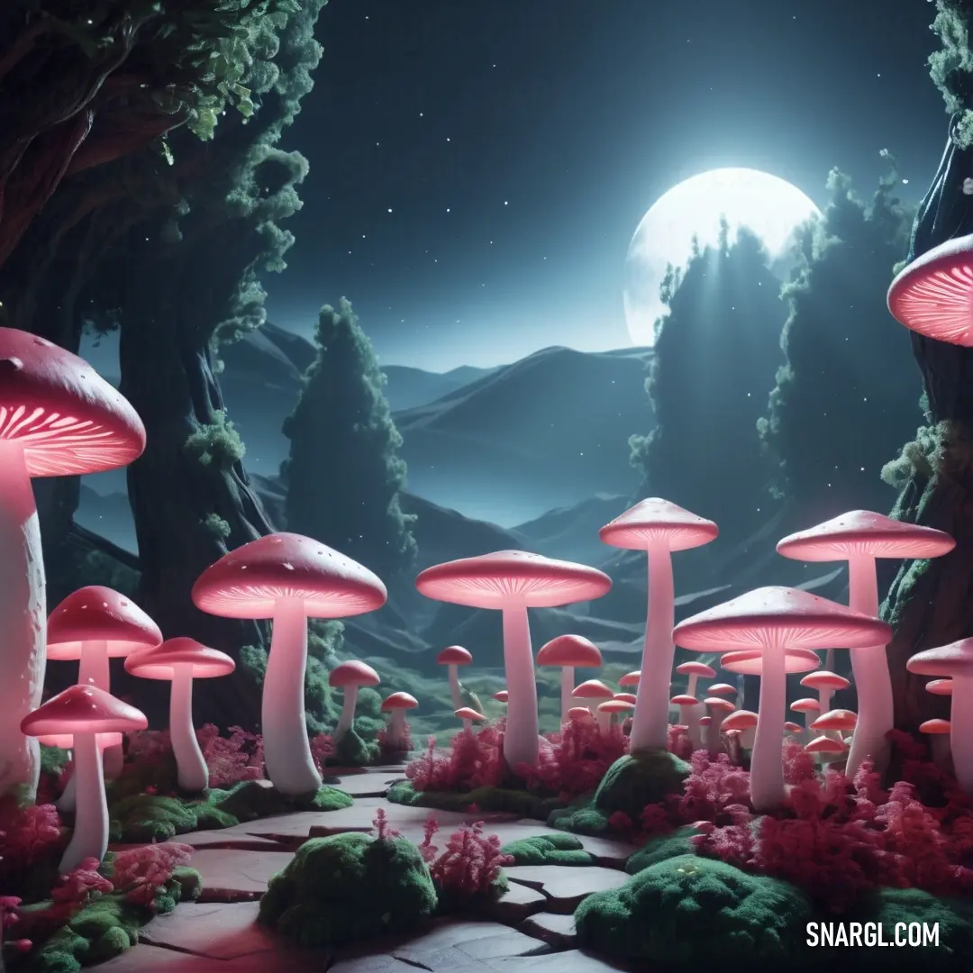 Group of mushrooms in a forest at night with a full moon in the background. Example of #DE5D83 color.