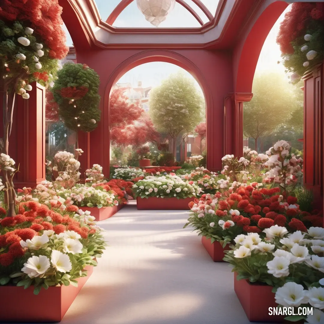 A vibrant painting of a garden brimming with colorful flowers, bathed in natural light from a skylight above. The peaceful ambiance of the garden is heightened by the lush greenery and bright blossoms, inviting a sense of joy and tranquility.