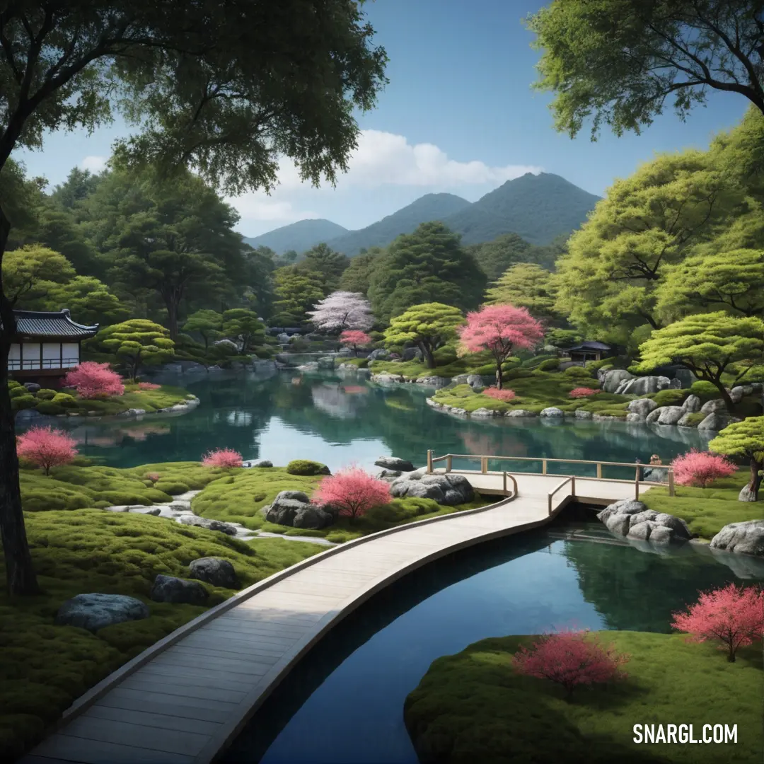 A picturesque Japanese garden showcasing a stunning bridge over a pond, surrounded by blossoming trees and flowers, offering a tranquil and harmonious escape into nature.