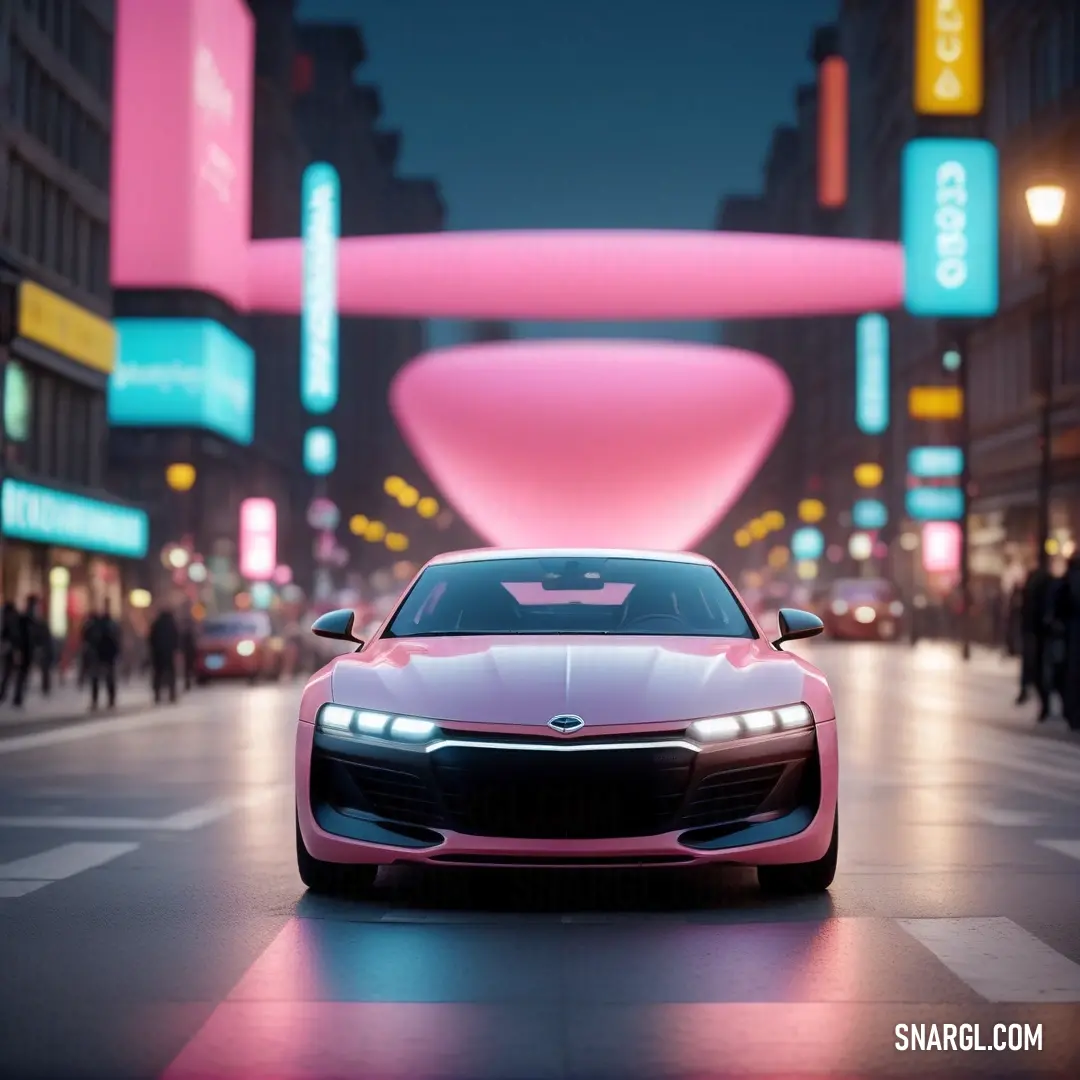 Pink car is driving down a city street at night time with neon signs and buildings in the background. Color Blush.