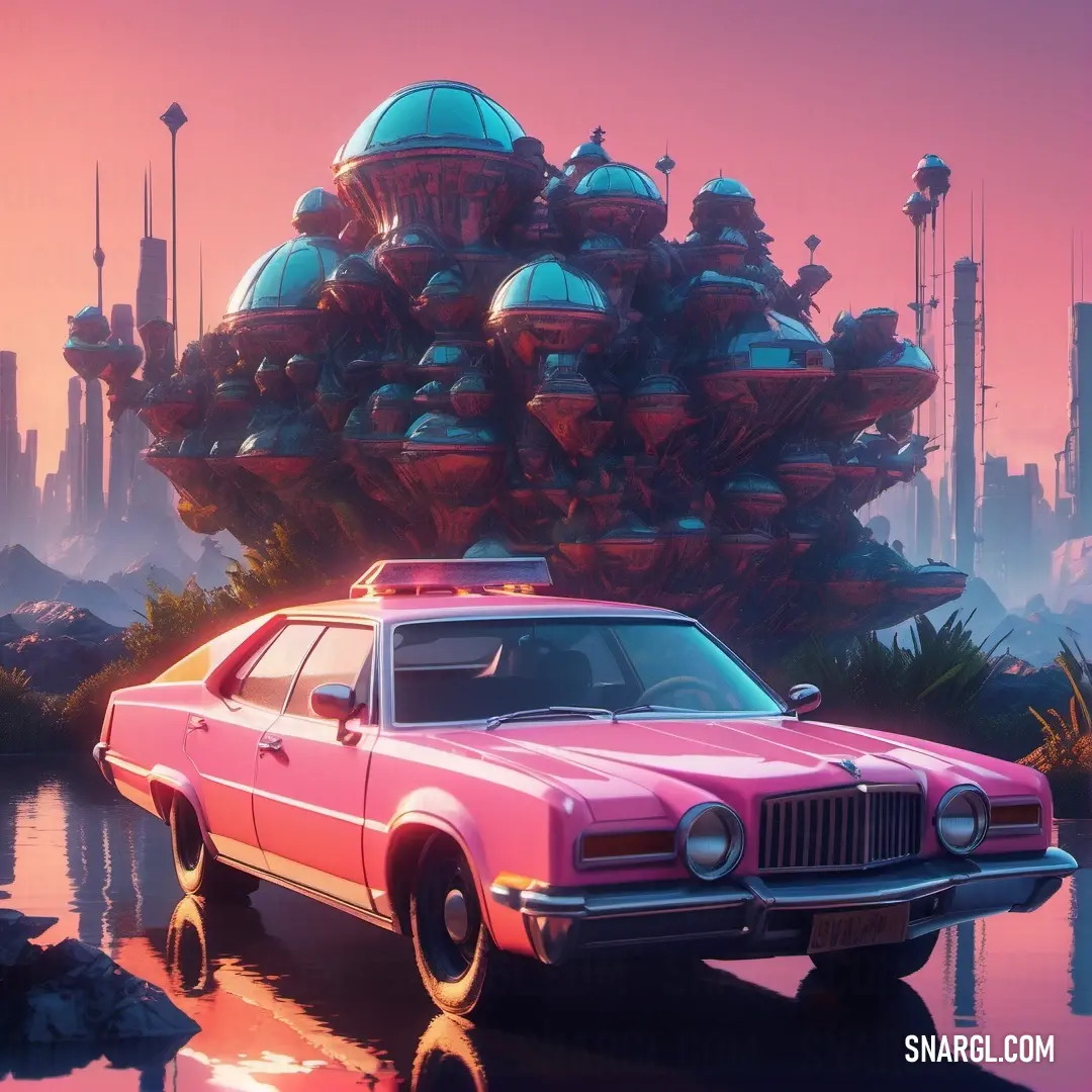 Pink car parked in front of a futuristic city with a futuristic building in the background. Example of CMYK 0,58,41,13 color.