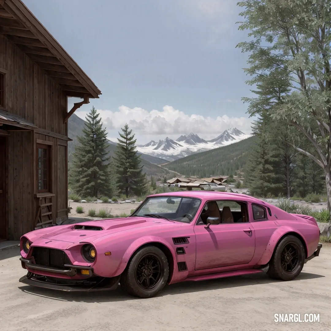 Pink car parked in front of a wooden building with mountains in the background. Example of CMYK 0,58,41,13 color.