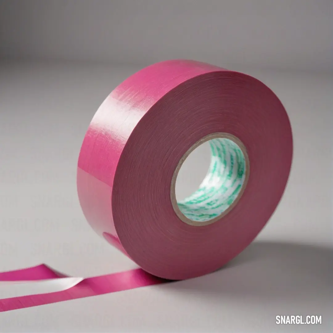 Roll of pink tape with a green stripe on it and a pink ribbon on the side of the roll. Example of CMYK 0,58,41,13 color.