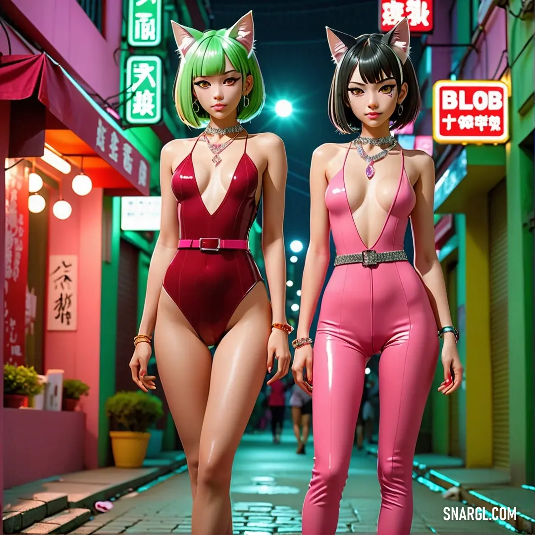 Two women in catsuits walk down a street at night in a city with neon lights and signs. Color CMYK 0,58,41,13.