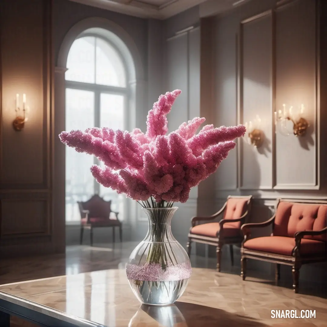 Vase with pink flowers on a table in a room with chairs and chandeliers in the background. Example of CMYK 0,58,41,13 color.