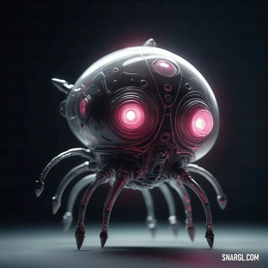 Futuristic spider with glowing eyes and a large body of metal parts on its legs. Example of CMYK 0,58,41,13 color.