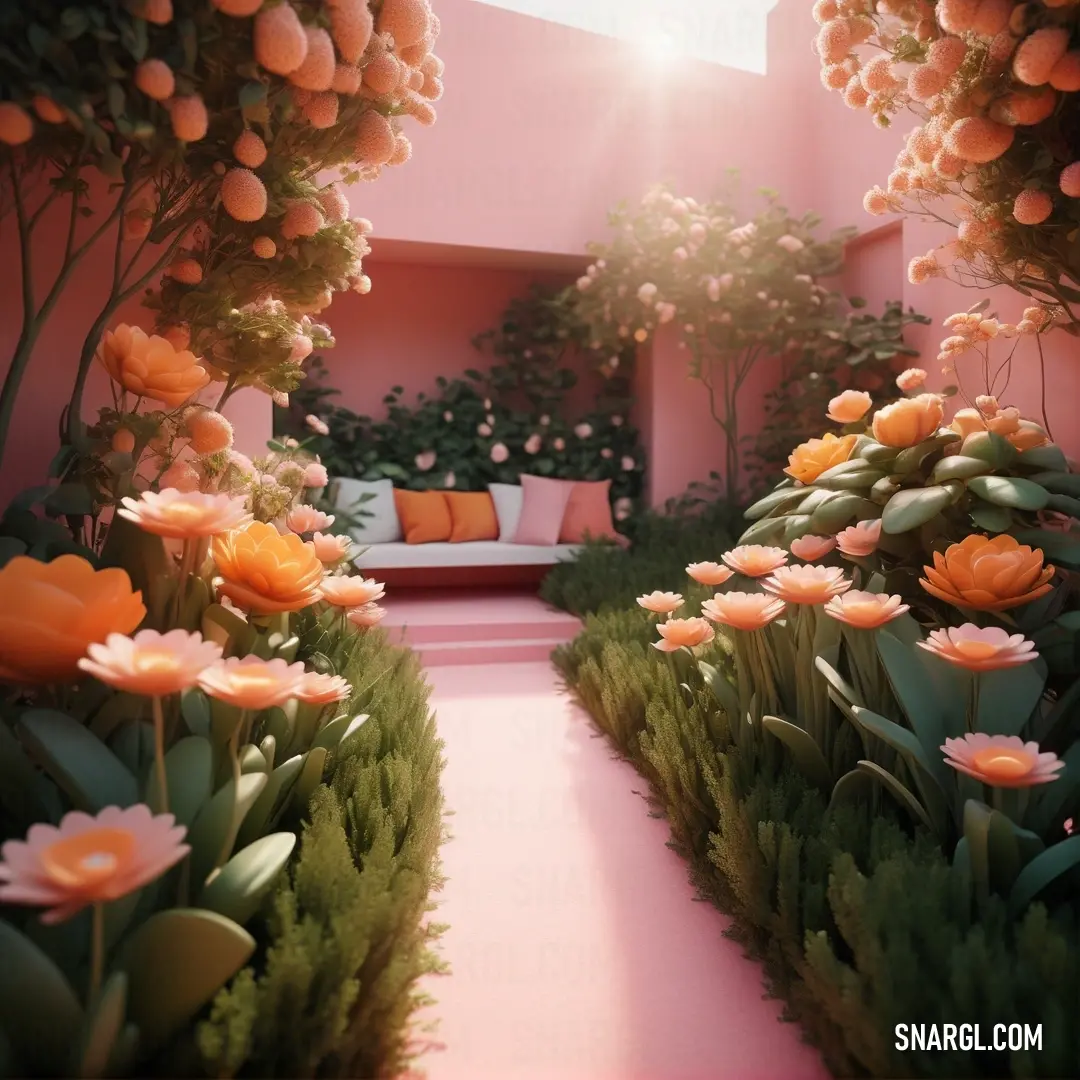 A charming garden with blooming flowers and a cozy couch tucked into the background. The scene is both vibrant and relaxing, with an inviting atmosphere that feels perfect for unwinding in the beauty of nature.