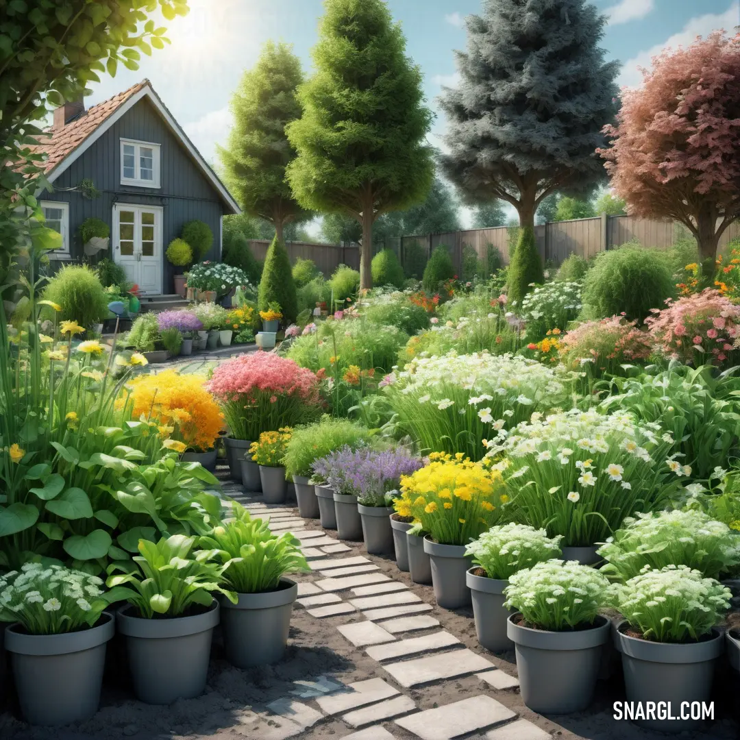 A vibrant garden filled with a variety of potted plants and colorful flowers, with a charming house peeking through, creating a lively and inviting atmosphere.