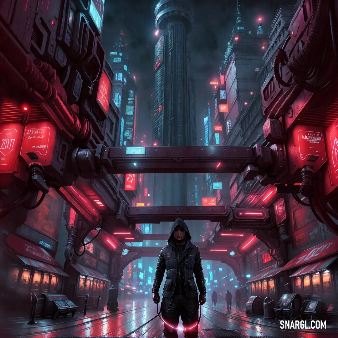 Man in a futuristic city with neon lights and a red light on his face