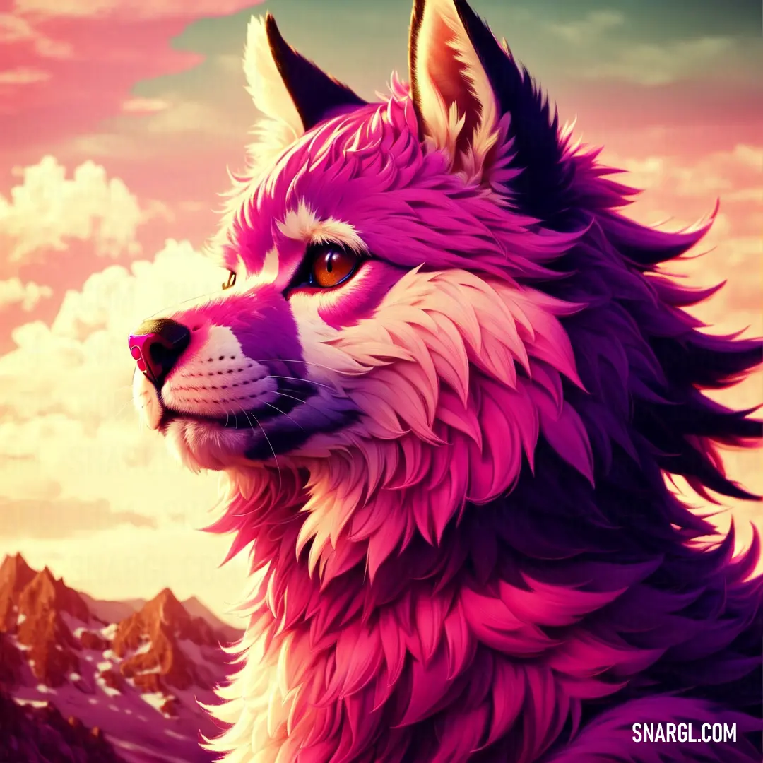 Painting of a wolf with a mountain in the background and clouds in the sky above it