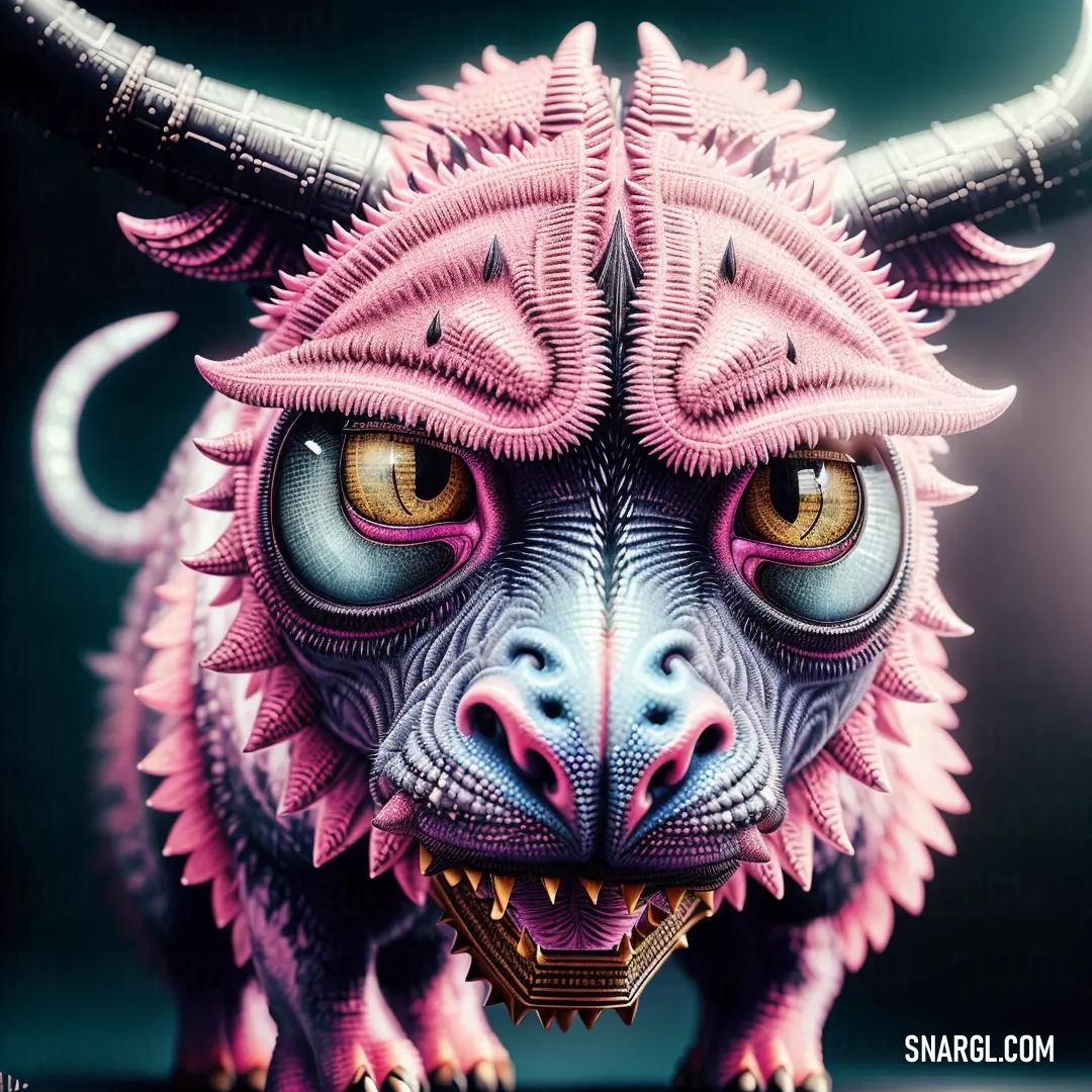 Pink and blue dragon with horns and big eyes is shown in this digital painting style image of a demon