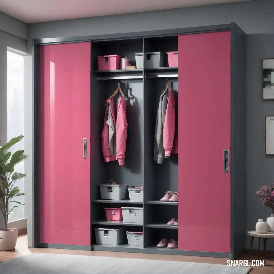 Pink and grey closet with a plant in the corner of the room. Example of Blush color.